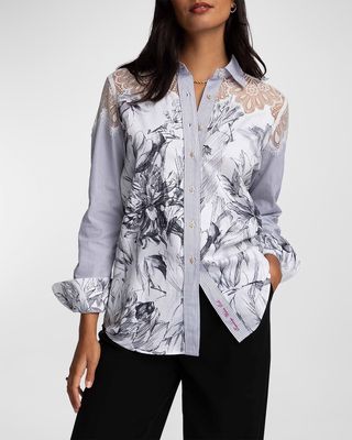 Carrie Floral-Print Lace-Yoke Button-Down Shirt