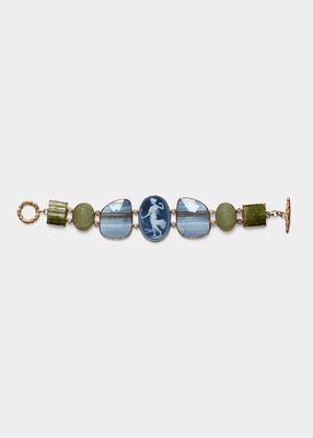 Carved Cameo Agate, Turkish Opal, Moonstone and Green Tourmaline Bracelet in 18K Gold