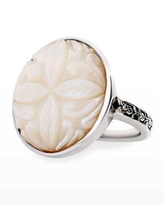 Carved White Mother-of-Pearl Flower Ring in Sterling Silver