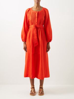 Casa Raki - Felicia Balloon-sleeve Organic-linen Dress - Womens - Mid Red