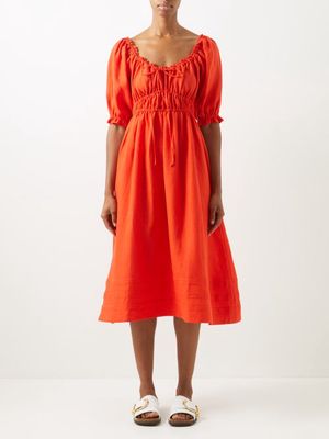 Casa Raki - Olga Puff-sleeve Ruched Organic-linen Midi Dress - Womens - Red