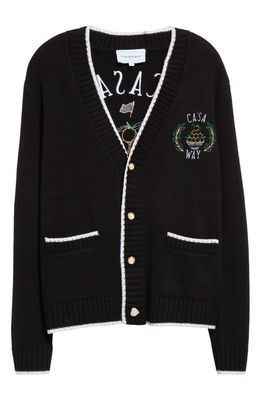 Casablanca Casa Way Embroidered Tipped Merino Wool & Cashmere Cardigan in Black