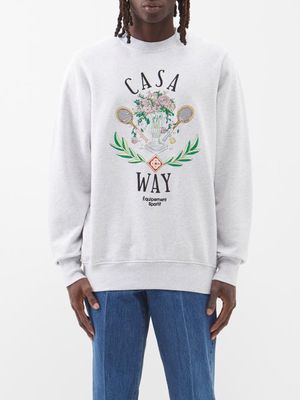 Casablanca - Casa Way Tennis-embroidered Cotton Sweatshirt - Mens - Grey Multi