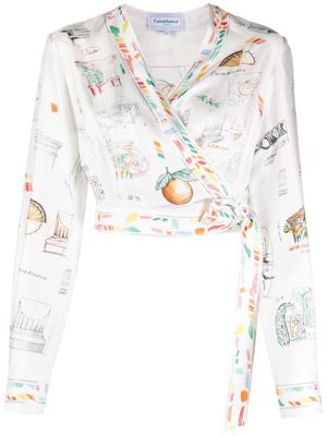 Casablanca Dessin D'Artiste-print wrap blouse - White
