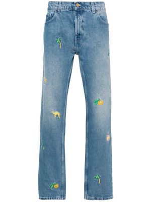 Casablanca embroidered-design cotton straight-leg jeans - Blue
