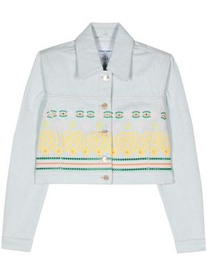 Casablanca embroidered-detail cropped denim jacket - Blue