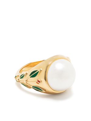 Casablanca enamel-leaf pearl ring - Gold