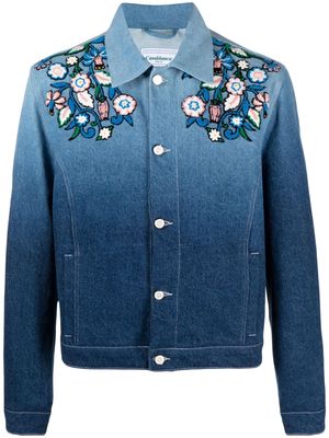 Casablanca floral-embroidered ombré denim jacket - Blue