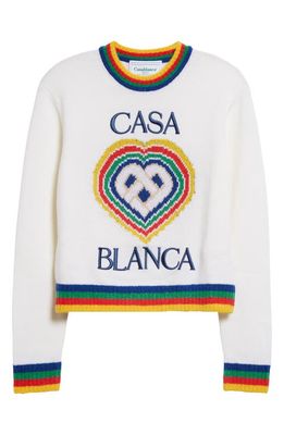 Casablanca Heart Casa Intarsia Wool Blend Crewneck Sweater in White