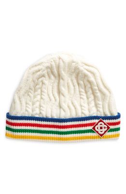 Casablanca Logo Patch Stripe Cable Knit Merino Wool Beanie in White