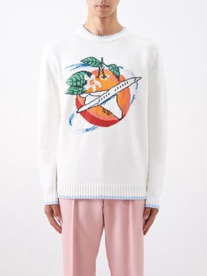 Casablanca - Orbite Autour De L'orange Intarsia Cotton Sweater - Mens - Off White