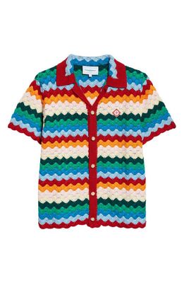 Casablanca Shell Crochet Short Sleeve Button-Up Shirt in Rainbow Multi