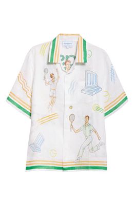 Casablanca Tennis Club Short Sleeve Linen Button-Up Shirt in Tennis Play Icon