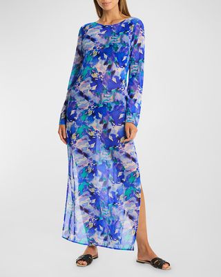 Cascade Mesh Long-Sleeve Maxi Dress