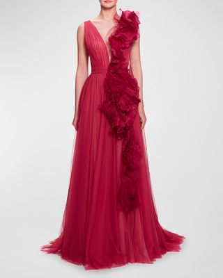 Cascading Floral Ruffle Plunging Tulle Gown