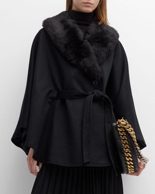 Cashmere Belted Cape Coat with Shearling Collar