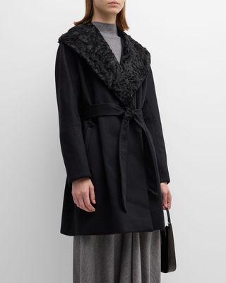 Cashmere Belted Wrap Coat with Curly Shearling Collar