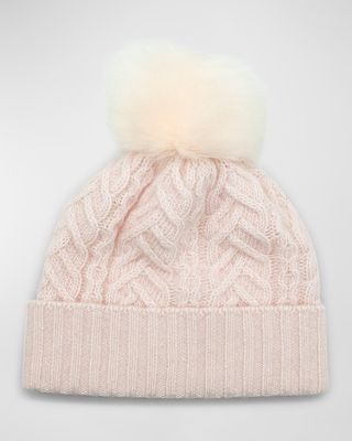 Cashmere Cable-Knit Beanie with Faux Fur Pom