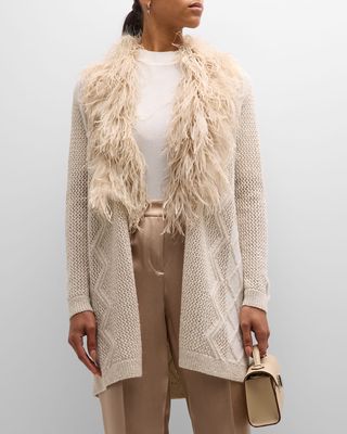 Cashmere Cable-Knit Cardigan with Feather Trim