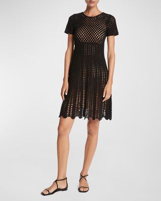 Cashmere Crochet-Knit Short-Sleeve Mini Dress
