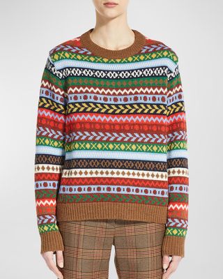 Cashmere Geometric Intarsia Crewneck Sweater