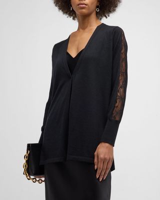 Cashmere Open Cardigan with Lace Trim