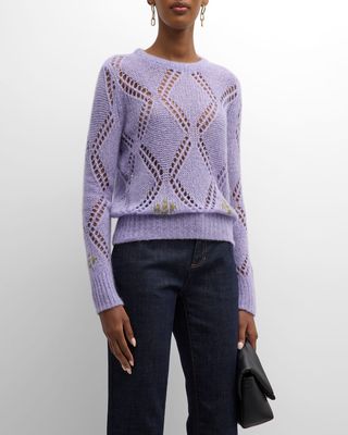 Cashmere Open-Stitch Crewneck Sweater