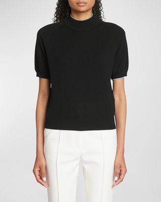 Cashmere Puff-Sleeve Top with Contrast Trim
