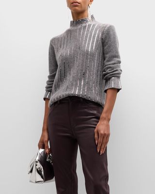 Cashmere Ribbed Sweater with Embellished Stripes