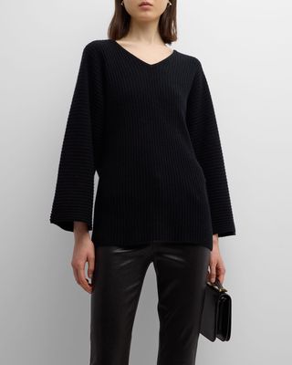 Cashmere Ribbed V-Neck Sweater with Whipstitch Detail