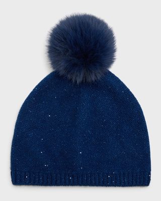 Cashmere Sequin Beanie With Faux Pom