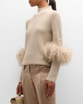 Cashmere Sequin Mock Neck Sweater with Feather Trim