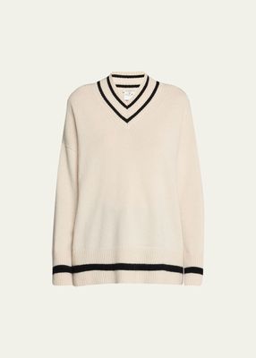 Cashmere Striped-Trim V-Neck Sweater