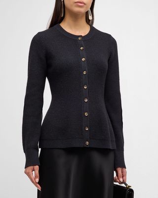 Cashmere Wool Ribbed Flare Cardigan