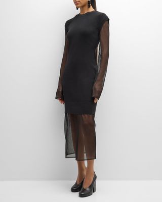 Cassandra Rib Knit Sheer-Sleeve Midi Dress