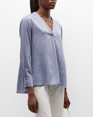 Cassian High-Low Pleated V-Neck Blouse