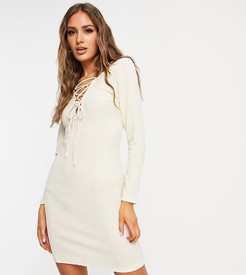 Catch seersucker knit lace up mini summer dress in cream-White