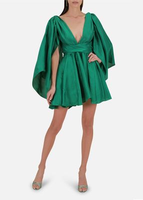 Catriona Cape-Sleeve Silk Mini Dress