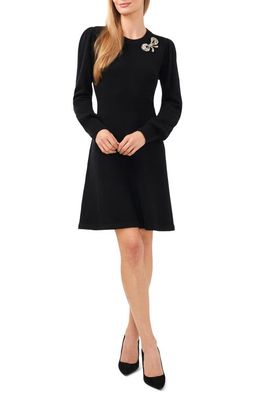 CeCe Bow Appliqué Long Sleeve Sweater Dress in Rich Black