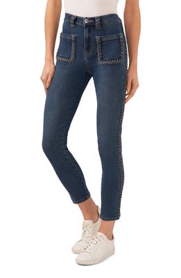 CeCe Braid Detail High Waist Skinny Jeans in Indigo Blue