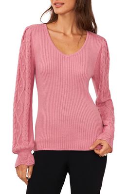 CeCe Cable Stitch Sleeve V-Neck Sweater in Foxglove Pink