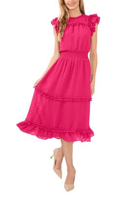 CeCe Clip Dot Flutter Sleeve Midi Dress in Bright Rose