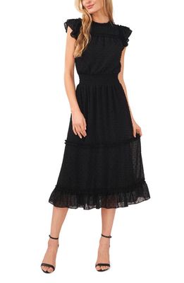 CeCe Clip Dot Flutter Sleeve Midi Dress in Rich Black