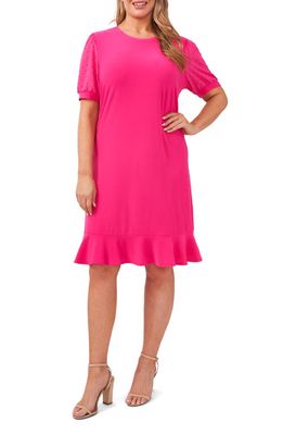 CeCe Clip Dot Puff Sleeve Dress in Bright Rose