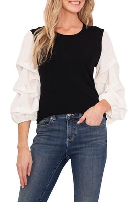 CeCe Colorblock Tucked Sleeve Cotton Sweater in Rich Black