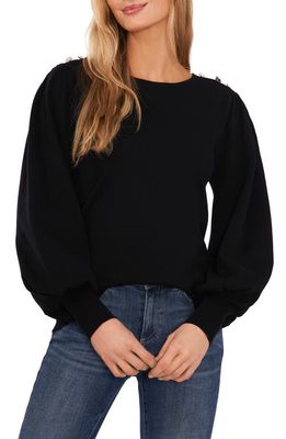 CeCe Crystal Button Detail Balloon Sleeve Cotton Sweater in Rich Black