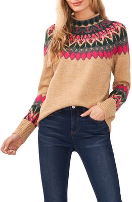 CeCe Fair Isle Funnel Neck Sweater in Latte Heather