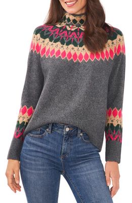 CeCe Fair Isle Funnel Neck Sweater in Medium Heather Grey