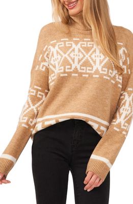 CeCe Fair Isle Turtleneck Sweater in Latte Heather Beige