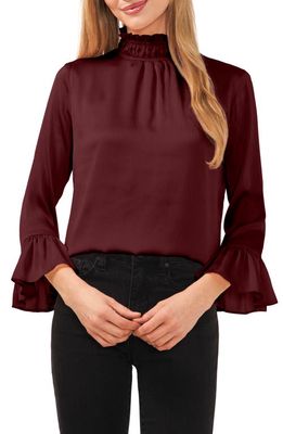 CeCe Flare Cuff Smocked Mock Neck Top in Deep Red